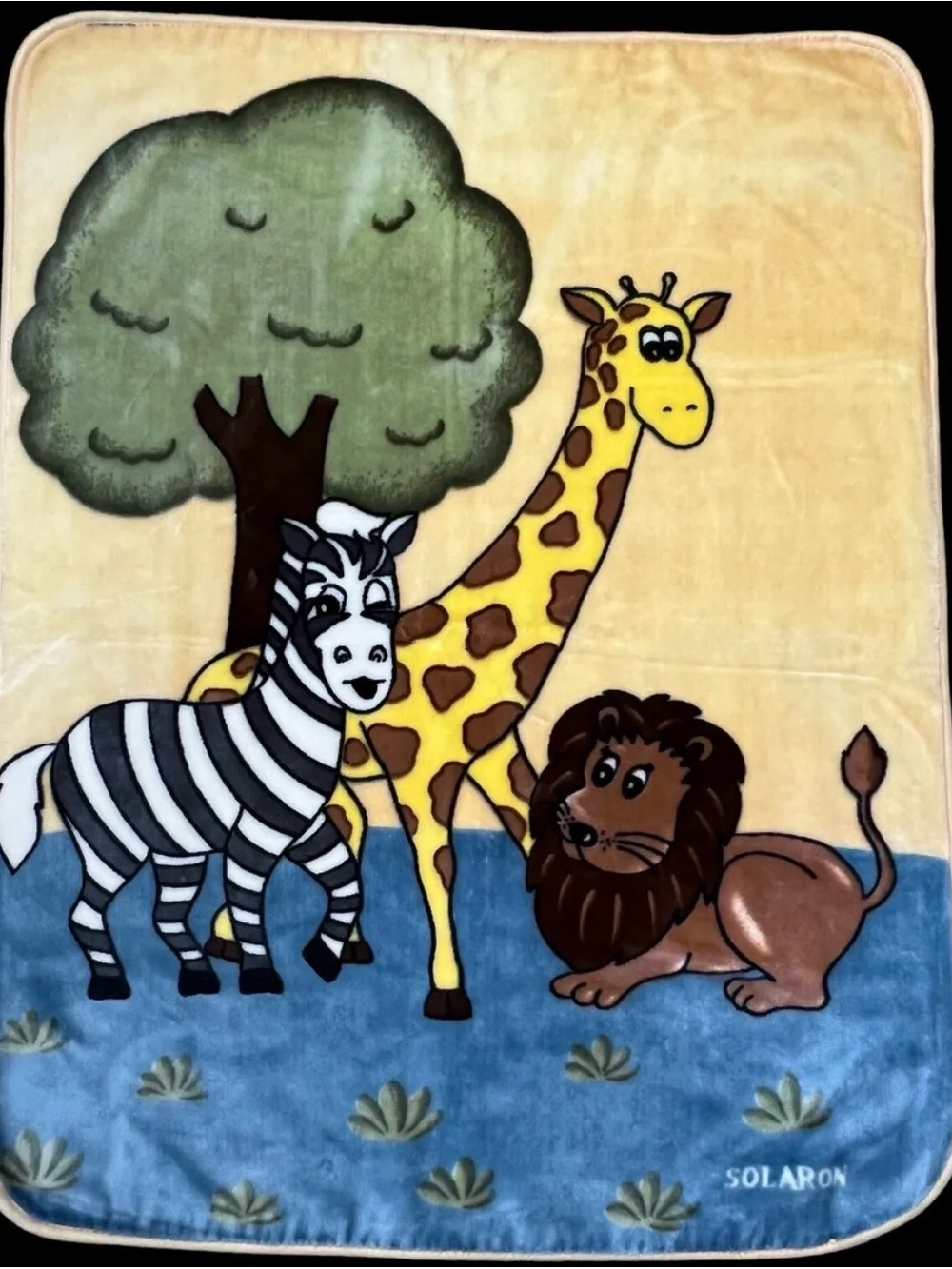 Cute Safari Animal Baby Blanket - Zebra, Giraffe & Lion - Yellow/Blue